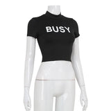 Ahagaga Women's Basic Sexy O-neck Slim Letter Printed T-shirts Short Sleeve Fashion Casual Solid Sheath Tops Tees Blusas Female