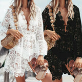 Boho Crochet White Lace Dress Knitted V-neck Scallop Trim Beach Sundress Tunic Pareos Women Bikinis Cover Ups Robe Beachwear