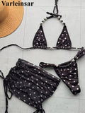 With Skirt Polka Dot Bikini Female Swimsuit Women Swimwear Three-pieces Bikini set Halter Pearls Bather Bathing Suit Swim V7879