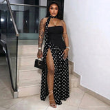 FDYOUI Elegant Bandage Polka Dot Patchwork Evening Dresses Women's 2026 Summer Off Shoulder High Slit Pleated Long Party Dress