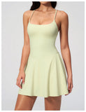 Women Tennis Dress with Shorts Pocket Square Neck Hollow Back Sleeveless One Piece Sports Outfit Fitness Pleate Mini Dresses