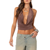 Women's Solid Color Cropped Halter Neck Cami Tops Sleeveless Open Back Deep V Neck Slim Fit Tank Tops