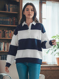 Women Long Sleeve Spring Fall Lapel Collar T-shirts Striped Contrast Color Loose Pullovers Streetwear Tops
