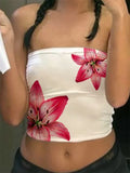 Women's Floral Print Tube Tops Summer Strapless Bandeau Tops Slim Fit Cropped Tank Shirts Streetwear