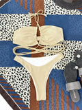 Solid Color Bikini Sexy Hollow Out Bandage Cross Thong Swimwear Women Halter Backless Bathing Suit High Waist Swimsuit 2026 New