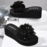 Fashion Flower Design Wedge Slippers Women Summer Sequins Black Platform Slides Female Stylish Anti-Slip High Heel Sandals Mujer