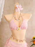 Vintage White Floral Embroidery Bikini Set 2026 Women 3D Flower Push Up Bra Pleate Skirt 3 Piece Swimsuit Bathing Suit Swimwear