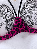 Magenta leopard print patchwork lace lingerie set-Sexy see-through chiffon demi-cup shaping bra thong set for two piece ZA825120