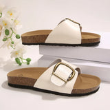 Metal Buckle Flat Heel Slippers Women 2026 Summer Platform Non Slip Beach Sandals Woman Plus Size 43 Open Toe Cork Slides Flats