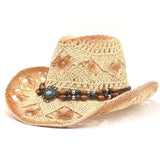 Women Cowboy Hat Creative Curled Straw Hollow Design Ethnic Style Beads Chain Decoration Shade Straw Hat Summer Sun Cap