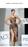 Women Sexy Leopard Print Slip Nightdress Removable Padded Drawstring High Slit Midi Nightgown Loungewear