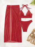 3 Pieces Halter Bikinis 2026 Solid Swimwear Female Sexy Swimsuit Women With Mesh Beach Dress Bathers Bathing Swimming Swim Suit
