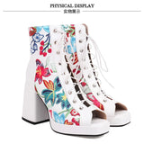 White Floral Embroidered Peep Toe Lace-Up Chunky Block Heel Platform Hollow Out Ankle Sandal Boots for Women