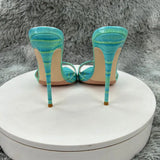 Women's Turquoise Croc Embossed Patent Leather Pointed Toe Stiletto Mules - Slip-On Open Toe High Heel Sandals for Summer Party