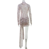 Ahagaga Sexy Sheer Women'Mini Dresses Turtleneck Print Regular Long Sleeves Ribbon Sheath Bodycon Casual Streetwear Female Robe