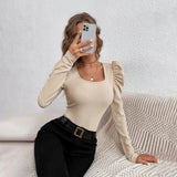 Phantasy New Y2k Tops Fashion Square Collar Slim Leg Sleeve Knitted Bubble Long Sleeve T-shirt Casual Style Vintage Clothing