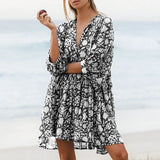 Foridol Lantern Half Sleeve Cyan Bohemian Beach Midi Loose Dress Summer for Women Tie Up Casual Floral Holiday Midi Vestidos