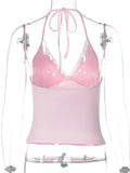 FDYOUI Casual Sexy Halter Neck Lace Patchwork Pink Camisoles Women Bandage Backless Corset T-shirt Y2K Streetwear Cropped Tops