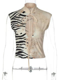 FDYOUI Sexy Zebra-stripe Print Tank Tops Women's Corset 2026 Summer Stand Collar Lace-up Sleeveless T-shirt Hollow Out Crop Top