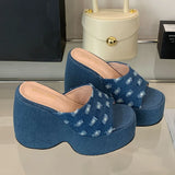 2025 Vintge Denim Blue Summer Chunky Platform Sandals Women Slides Chunky High Heels Wedges Shoes Mules Outdoor Slipper