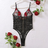 Toucheart Sexy Lace Mesh Transparent Underwear Women V-Neck Sexy Suspender Bodysuit With Zipper Exotic Sexy Printing Jumpsuit