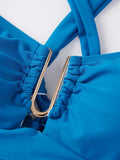 Women Summer Solid Color Bikini Sets Sleeveless Bra with High Waist Drawstring Skort Bathing Suit 2-piece Swimsuit