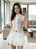 Women's Solid Color Lace Tank Tops Mandarin Collar Sleeveless Frog Buttons Summer Vest