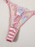 French Romantic Pink Satin Embroidered Lingerie Set Bra + Thong + Stockings Three-Piece Set