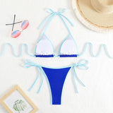 2026 Summer Women Patchwork Swimsuit Sexy Backless Neck Bikini Set Lace-up Bathing Suit Beachwear Femme Padded Swimwear Holiday