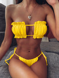 12 Colors Sexy Bikini Bandeau Women Pleated Hollow Swimsuit Swimwear Female Mini Thong Bikinis Set Bathing Suit Bikini Brasileno
