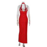 Ahagaga Fashion Sexy Women's Party Dresses Solid Swinging Collar High Split Sleeveless Maxi Slim Folds Blackless Vestidos Robes