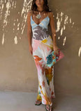 Summer New Print Spaghetti Strap Dress Women Summer New Fashion Sexy Deep V-neck Slim Dresses Vacation Style Bodycon Vestidos