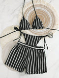 3PCS With Shorts Stripe Halter Fishnet Bikini Women Swimwear Female Swimsuit Three-pieces Bikini Set Bathing Suit Swim Beachwear