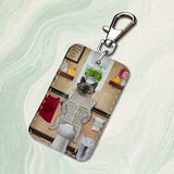 Funny Art Fat Cat Toilet Rectangle Card Case Keychain Access Card Bag Key Tag Ring Leather Card Holder Key Ring Access