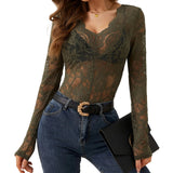 Trendy Women See Through Lace Tops Long Sleeve V Neck Slim Fit Shirts Retro Sexy Blouses Streertwear