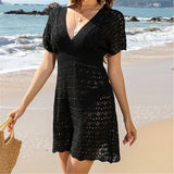S - XL Short Sleeve V Neck Crochet Knitted Tunic Beach Cover Up Cover-ups Beach Dress Beach Wear Beachwear Female Women V5314