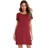 Elegant Women's Solid Color Short-Sleeve Nightdress Comfortable Soft Nightgown With V-Neck And Lace Trim Fit Summer Loungewear