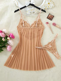 Champagne Daisy Floral Lace Sheer Mesh Babydoll Lingerie Set Slip Nightdress With Matching Thong Women Sexy Sleepwear ZA825096