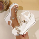Elegant Rhinestones Flowers Sandals Women Fashion Crystal Chunky Platform Sandles Woman Slip On Wedge High Heels Sandalias Mujer