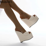 NASBAVI 2025 Fashion Peep Toe Wedges Heel Outside Women Slippers Concise PU Platform Slip on Summer Beach Mules Apricot 35-42