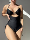 S - XL Metal Flower Cut Out Halter Women Swimwear One Piece Swimsuit Female Backless High Leg Cut Bather Bathing Suit Swim K7446