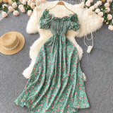 2025 Summer French Vintage Floral Dress Fashion Elegant High-Waisted Drawstring Vestidos Printed Fresh And Sweet Long Dresses