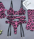 Toucheart Erotic Lingerie Leopard Print 5-piece Set with Gloves and Stockings Tie-dye Printed Sexy Hot Lingerie Suit for Women