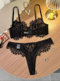 Black Lace Bra and Panty Set – Sexy Sheer Mesh Push-Up Bralette with Scalloped Edges + Thong Lingerie – Romantic Valentine’s Day