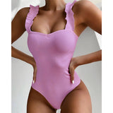 6 Colors Frill Trim Ruffled Sexy Women Swimwear One Piece Swimsuit Female Ribbed Bather Bathing Suit Swim Wear Monokini V1668