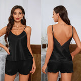 Summer Lace Satin Pajamas Set for Women Sexy Pajama Sets Backless Deep V Sleepwear Short Sleeve Cami Shorts Set