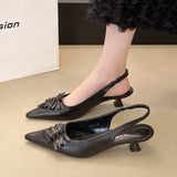 SUOJIALUN Autumn New Women Sandal Fashion Pointed Toe Pleated Ladies Elegant Dress Slingback Shoes Shallow Thin High Heel Pumps