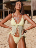 Sexy Yellow Black Bikini Set 2026 Women Front Tie Lace Patchwork Crop Top Thong Swimsuit Summer Holiday Bathing Suit Swimwear
