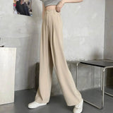 Women High Waist Straight Wide Leg Pants Solid Color Suit Pants Elastic Slant Pockets Loose Office Trousers