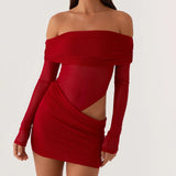 Women Mini Off Shoulder Slim Ruched Solid Color Party Club Dresses Cut Out Long Sleeve Backless Short Mesh Bodycon Dress